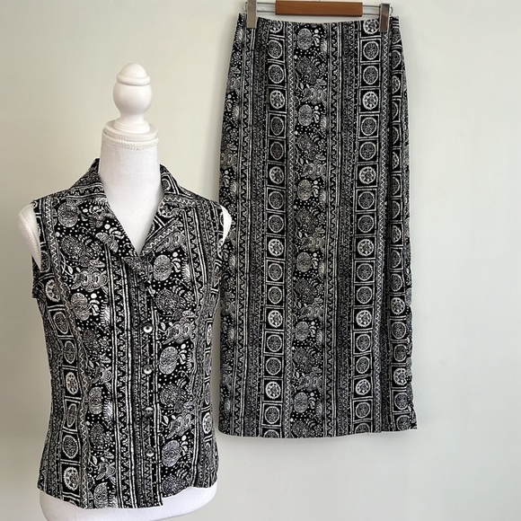 SUZY Shier Two Piece Sleeveless Blouse Long Wrap Skirt Black White - Picture 1 of 14